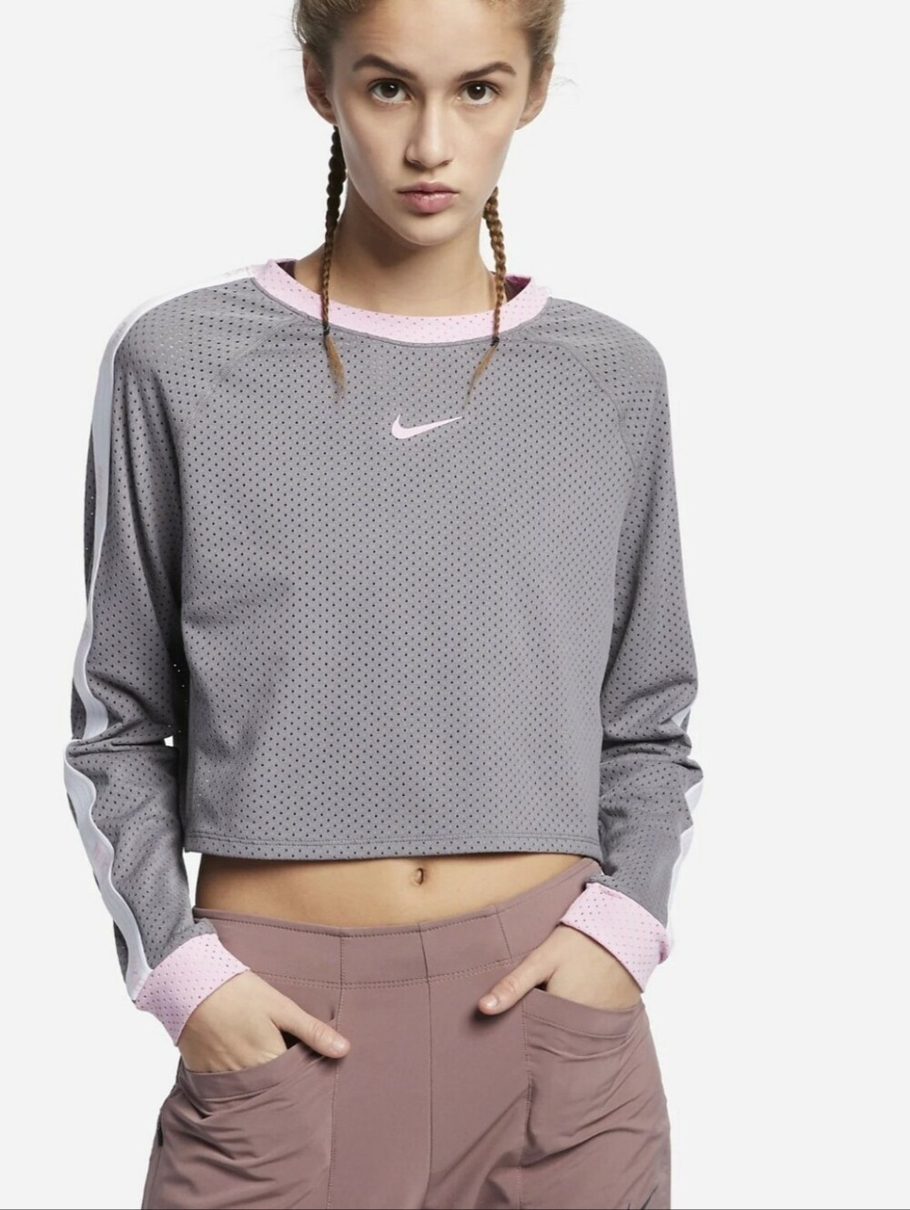 Nike Running Vented Long Sleeve Cropped Tee, Gray & Pink, EUC, M